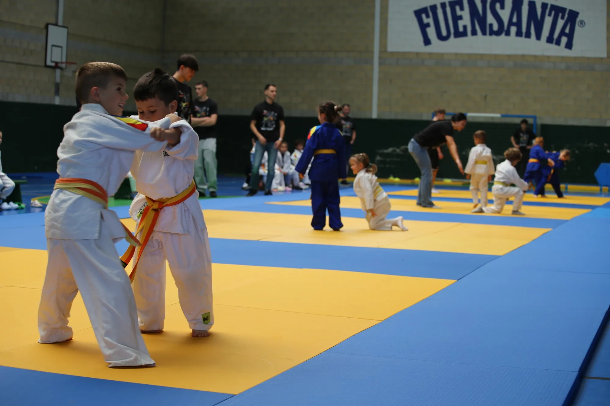 Competición amistosa en el club: dos niños se agarran el judogi mientras al fondo compiten otros grupos con los monitores
